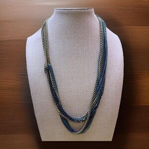 Kenneth Cole New York Multi Strand Chain Necklace Blue Teal Silver Tone Toggle